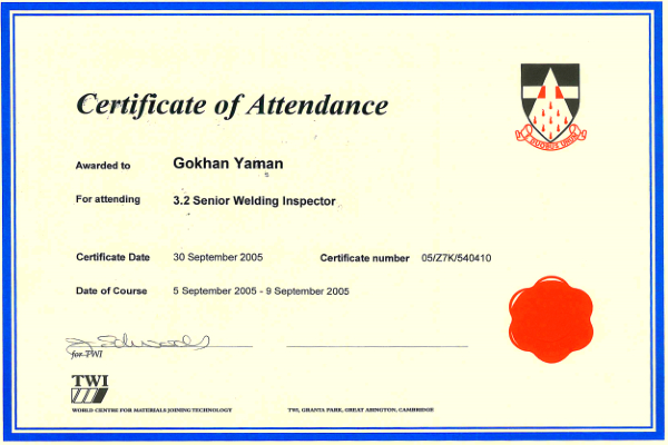 CSWIP- Certificate of Attendance- CSWIP 3.2 - 2005