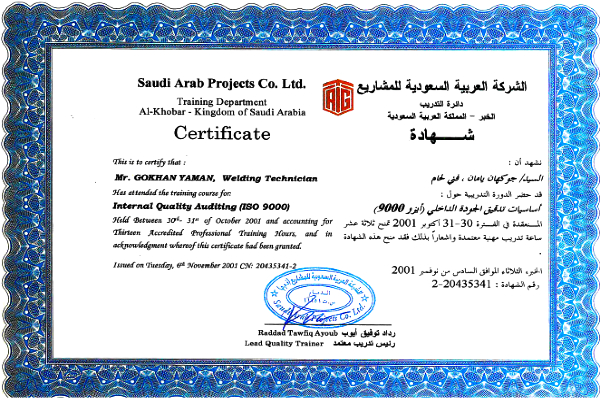 ISO 9000 Internal Auditor Certificate - 2001