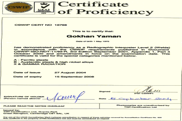 CSWIP-Radiographic Interpreter Level 2 (Welds) Certificate- 2004-2008